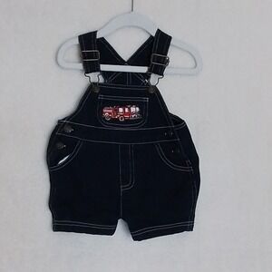 Vintage Toddler Denim Overalls Shorts 12mo Fire Truck Embroidery 1980s Hong Kong